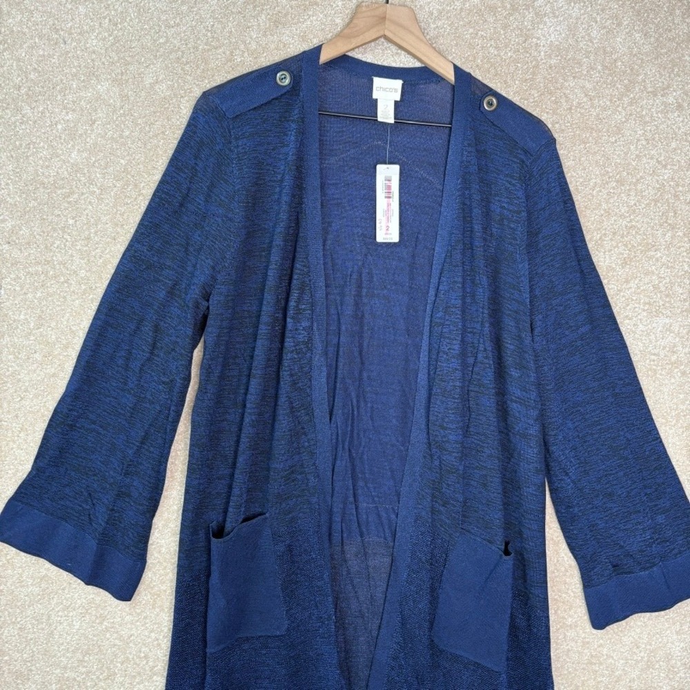 NWT CHICO'S Mix Stitch Cardigan Size 2 Women's Medium Blue Long Open Front - Picture 3 of 10